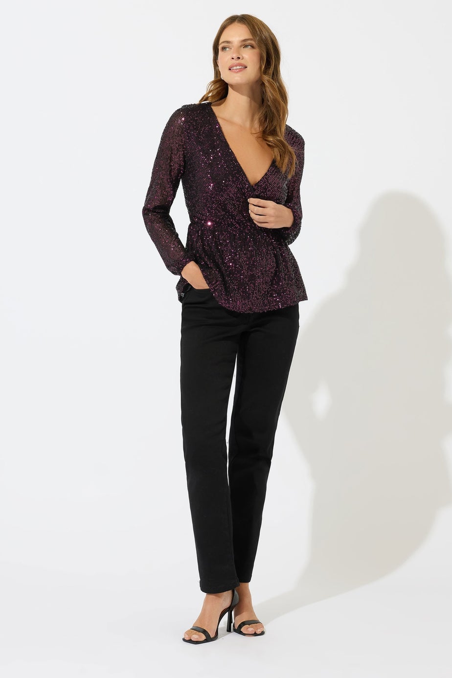 M&Co Red Sequin Wrap Top