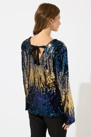 M&Co Blue Bow Back Ombre Sequin Top