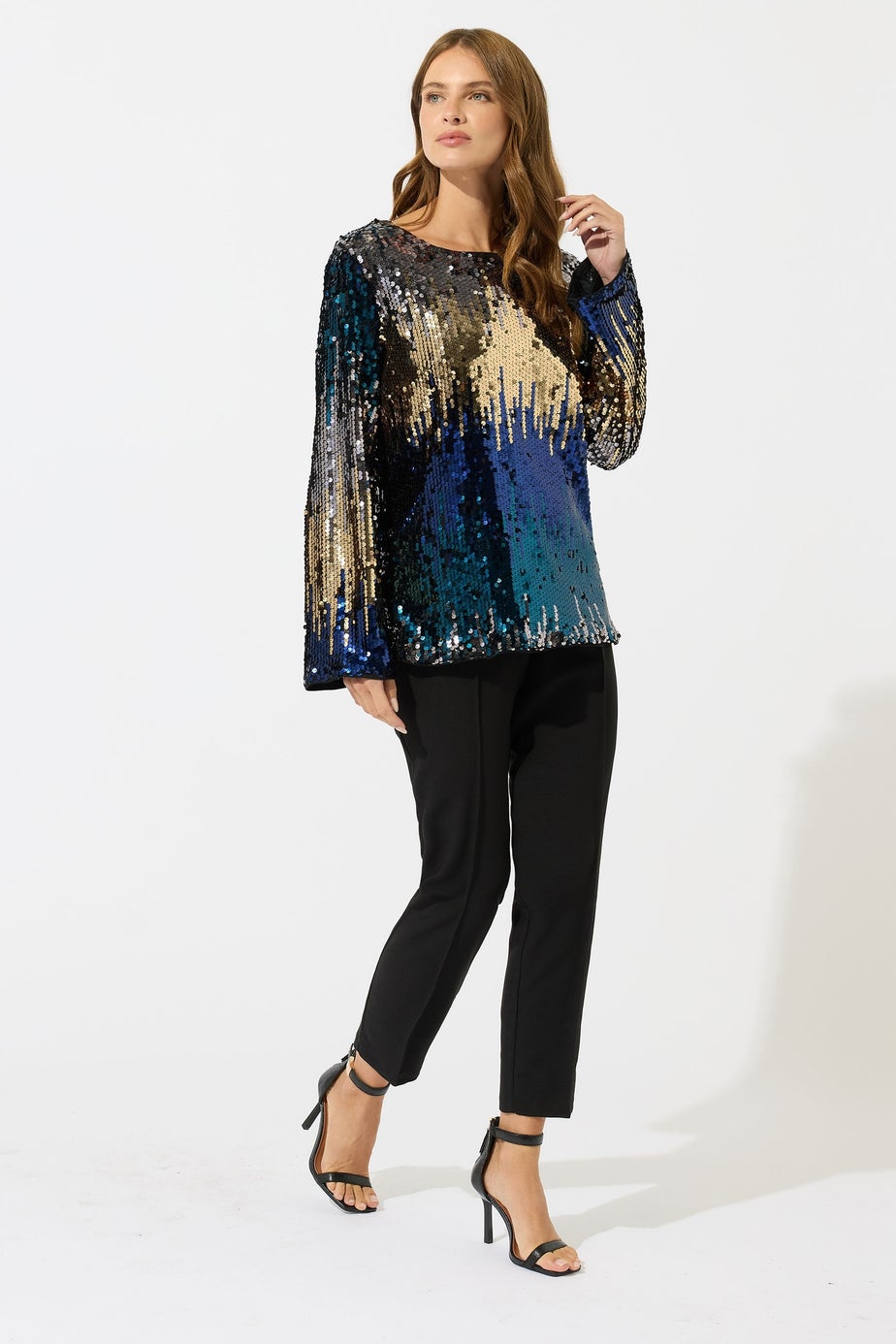 M&Co Blue Bow Back Ombre Sequin Top