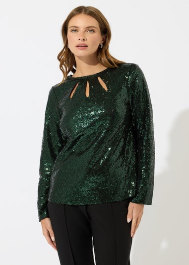 M&Co Green Sequin Slash Detail Top