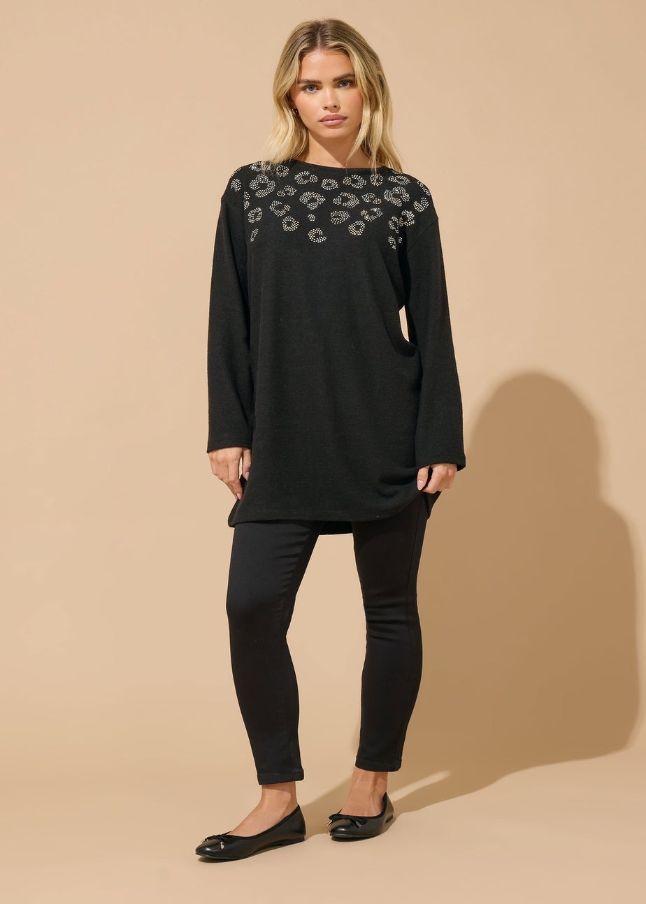 M&Co Petite Black Embellished Leopard Tunic Jumper
