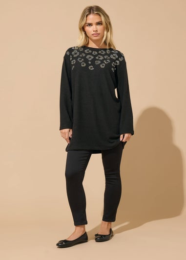 M&Co Petite Black Embellished Leopard Tunic Jumper