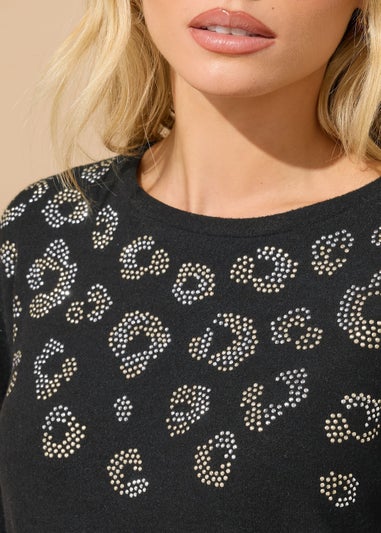 M&Co Petite Black Embellished Leopard Tunic Jumper
