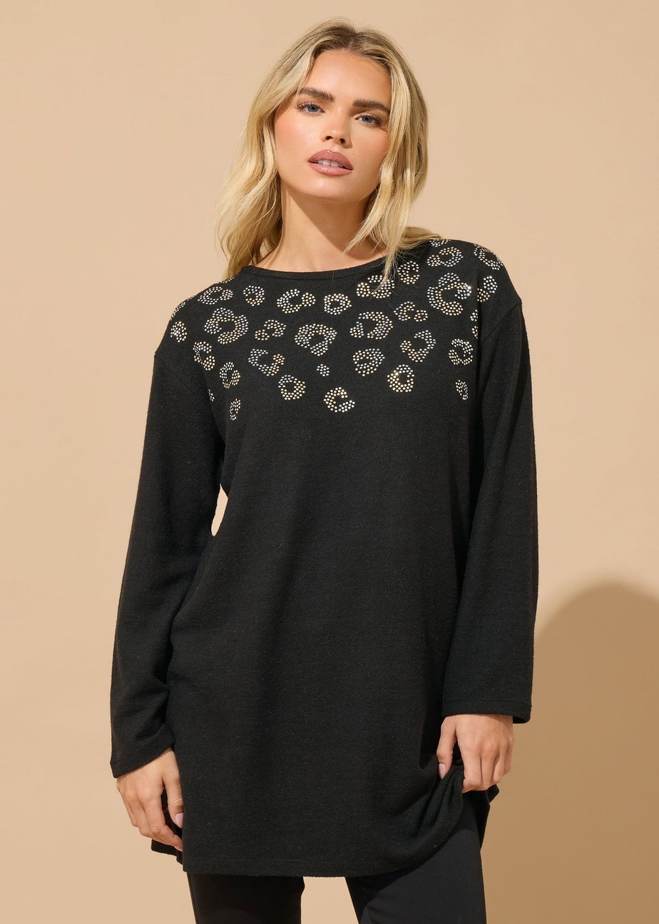 M&Co Petite Black Embellished Leopard Tunic Jumper