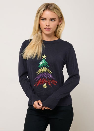 M&Co Petite Navy Blue Sequin Christmas Tree Embellished Jumper