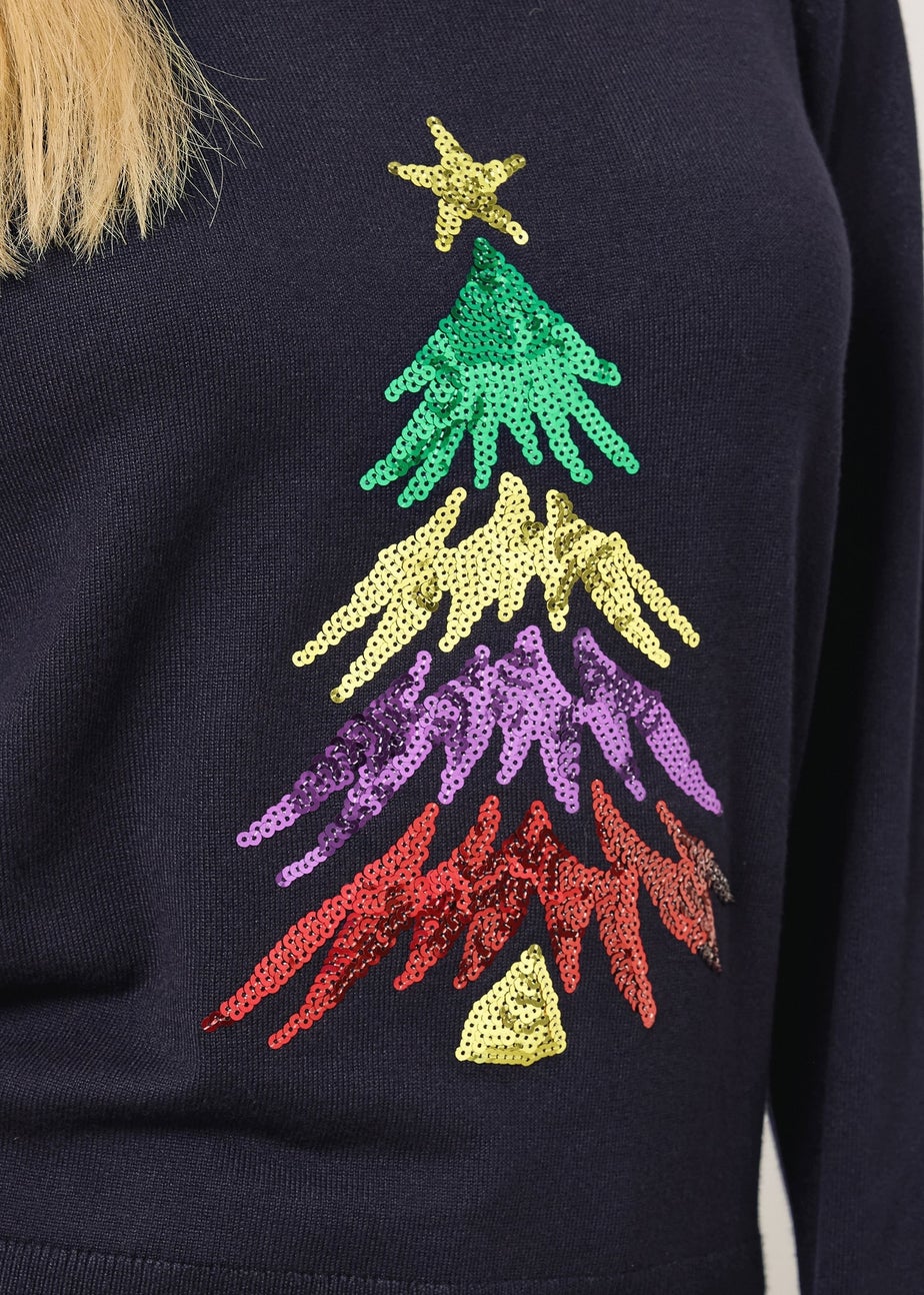 M&Co Petite Navy Blue Sequin Christmas Tree Embellished Jumper
