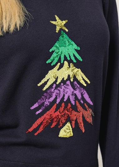 M&Co Petite Navy Blue Sequin Christmas Tree Embellished Jumper