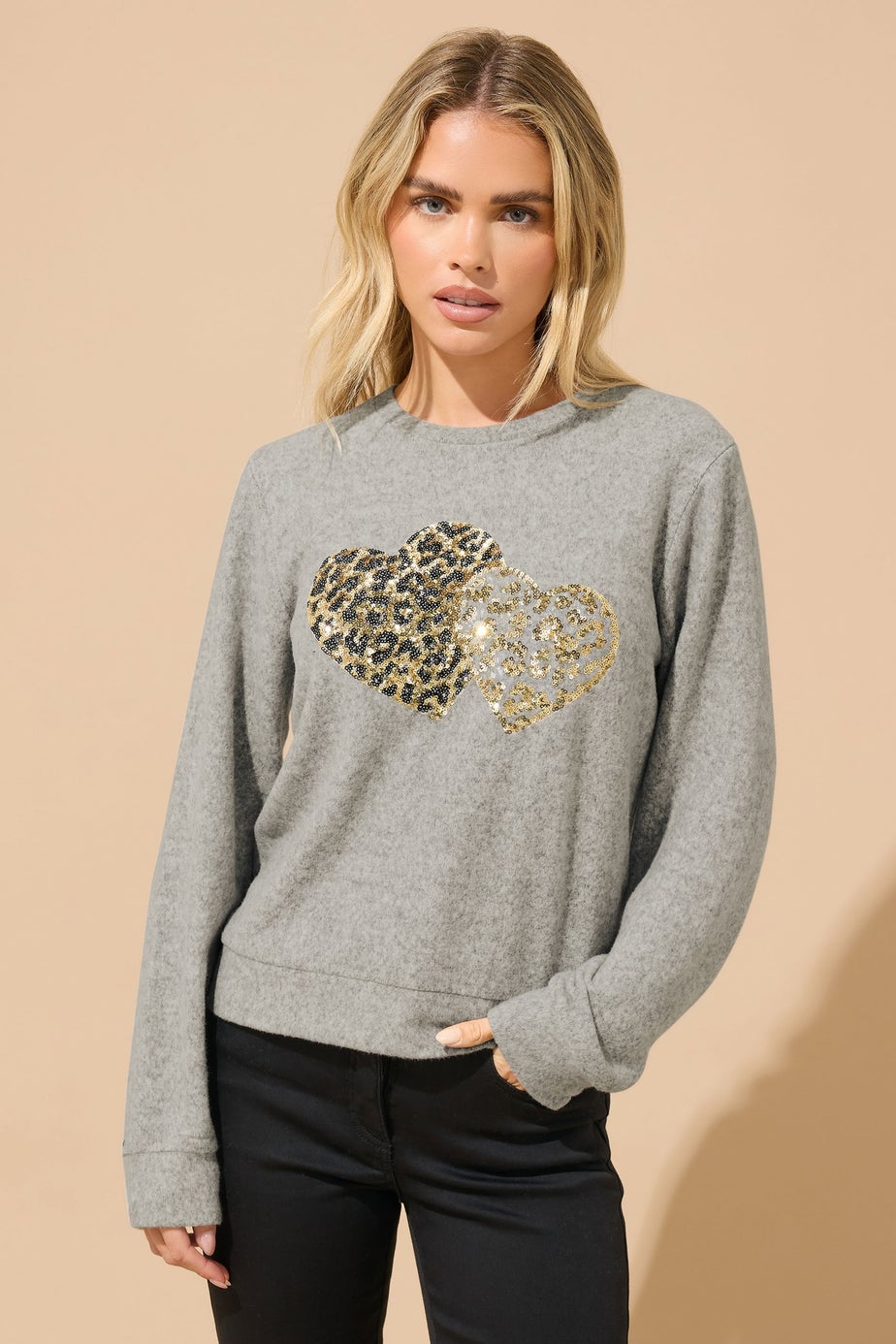 M&Co Petite Grey Sequin Heart Embellished Jumper