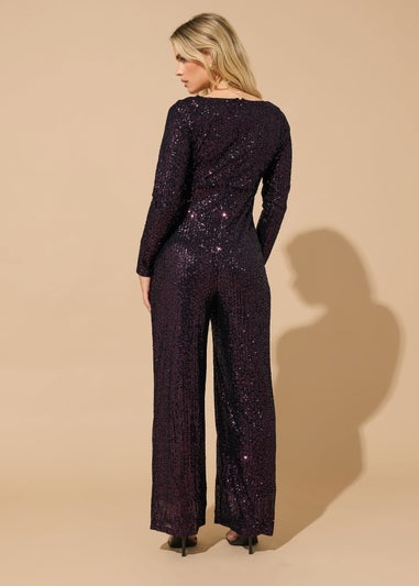 M&Co Petite Purple Sequin Embellished Knot Jumpsuit
