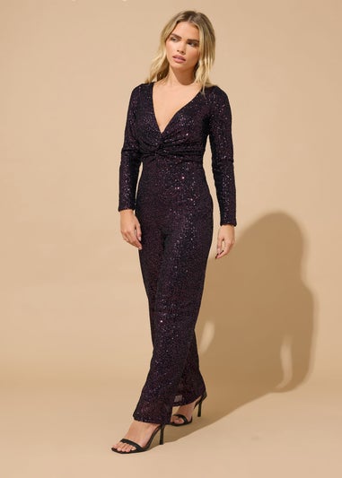 M&Co Petite Purple Sequin Embellished Knot Jumpsuit