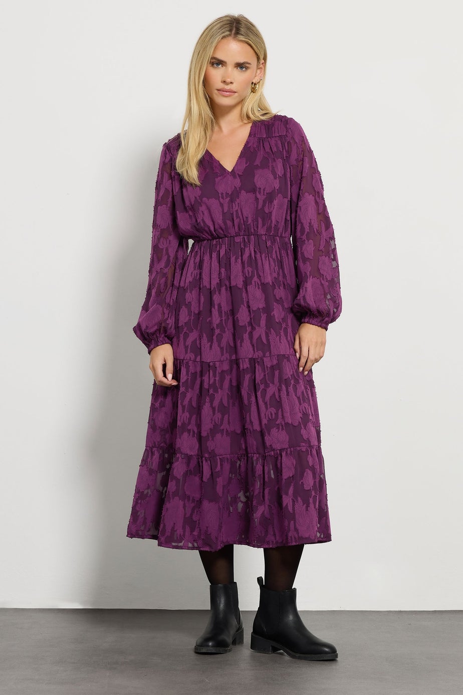 M&Co Petite Berry Purple Floral Jacquard Boho Dress