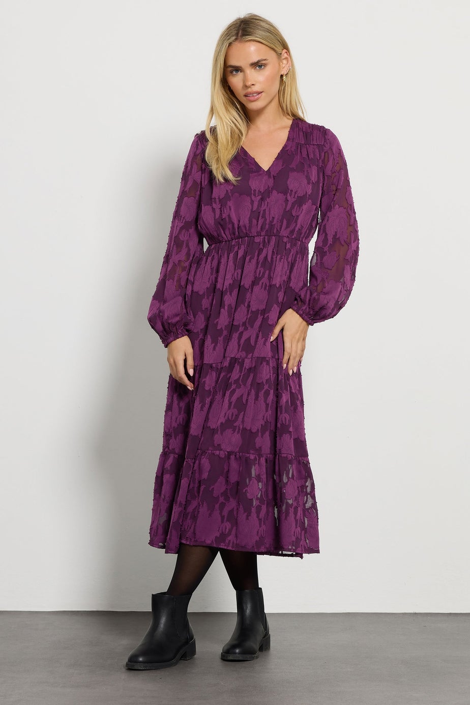 M&Co Petite Berry Purple Floral Jacquard Boho Dress