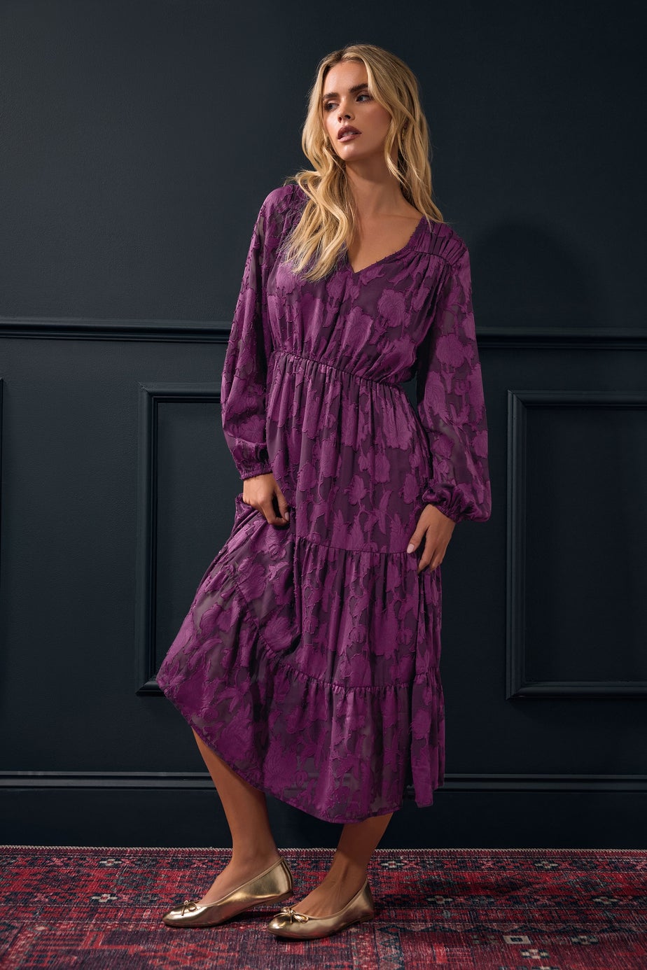 M&Co Petite Berry Purple Floral Jacquard Boho Dress