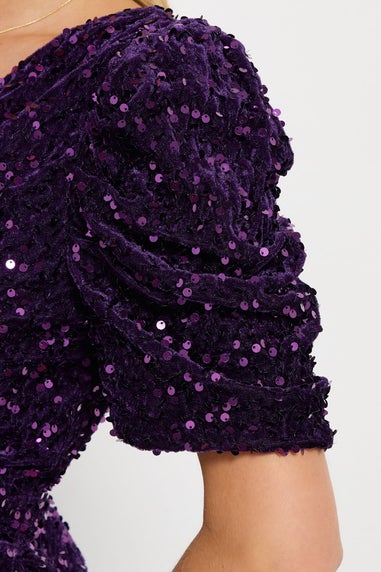 M&Co Petite Purple Sequin Velvet Wrap Dress