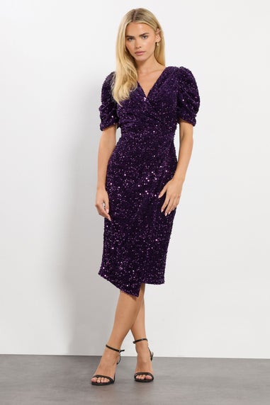 M&Co Petite Purple Sequin Velvet Wrap Dress