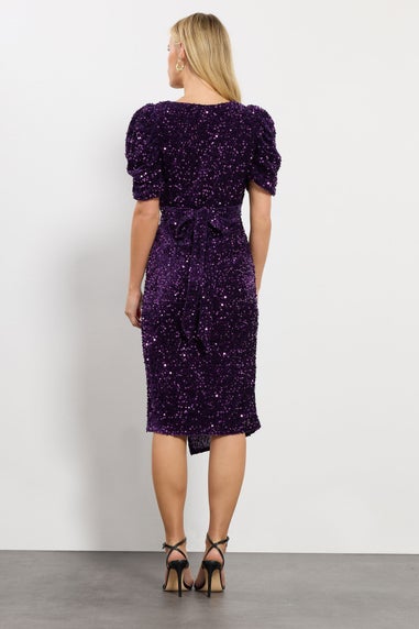 M&Co Petite Purple Sequin Velvet Wrap Dress