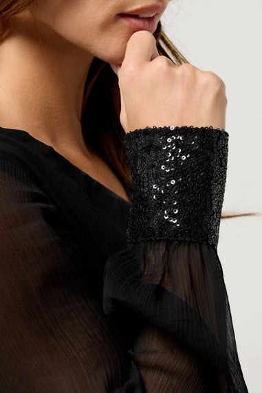 M&Co Black Sequin Cuffed Sleeve Chiffon Blouse