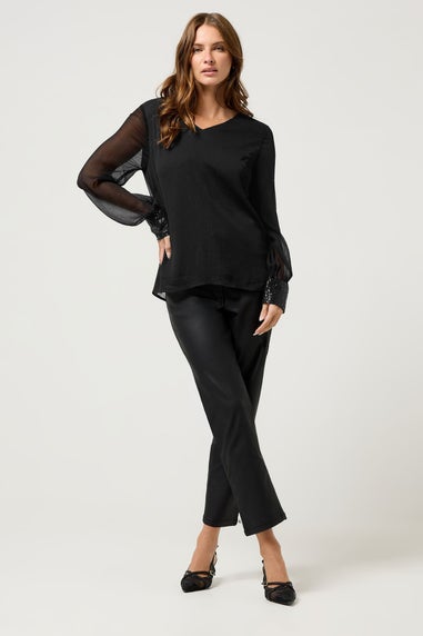 M&Co Black Sequin Cuffed Sleeve Chiffon Blouse