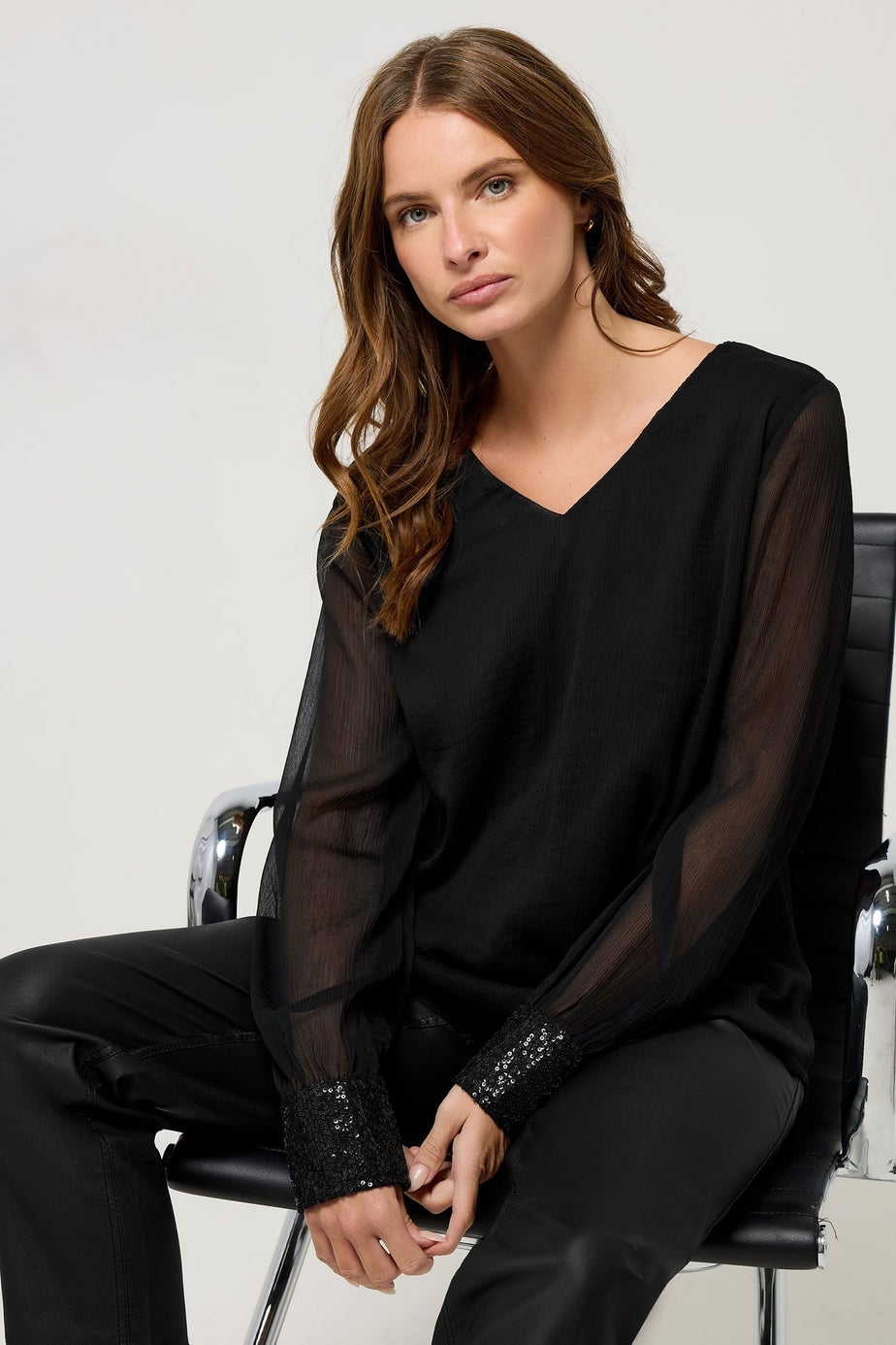 M&Co Black Sequin Cuffed Sleeve Chiffon Blouse