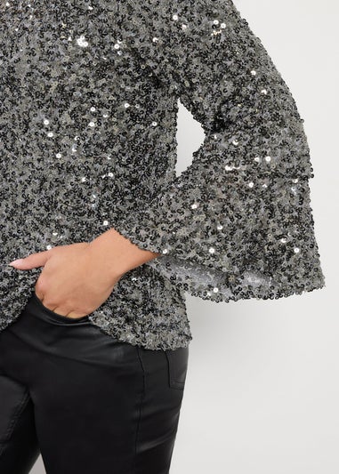 M&Co Petite Silver Sequin Flute Sleeve Top
