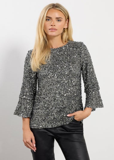 M&Co Petite Silver Sequin Flute Sleeve Top
