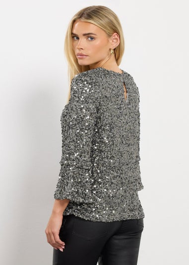 M&Co Petite Silver Sequin Flute Sleeve Top