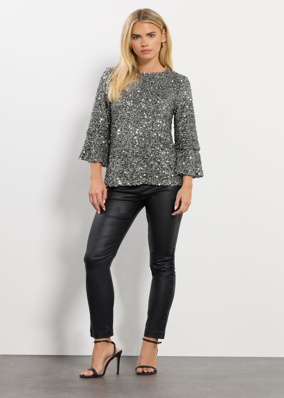M&Co Petite Silver Sequin Flute Sleeve Top