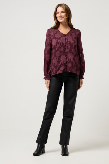 M&Co Berry Purple Floral Jacquard V-Neck Blouse