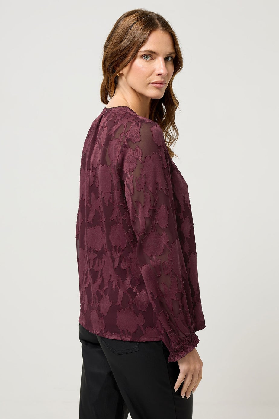 M&Co Berry Purple Floral Jacquard V-Neck Blouse