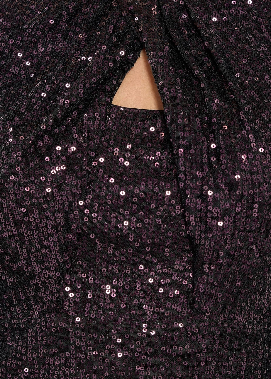 M&Co Petite Purple Sequin Twist Neck Keyhole Detail Top