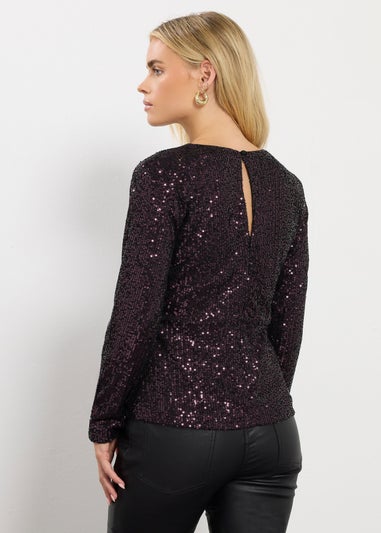 M&Co Petite Purple Sequin Twist Neck Keyhole Detail Top