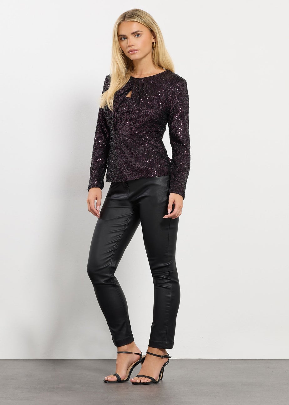 M&Co Petite Purple Sequin Twist Neck Keyhole Detail Top