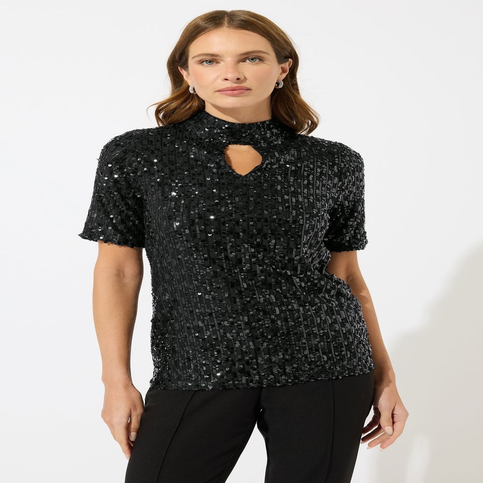 M&Co Black Mixed Sequin Embellished Keyhole Top