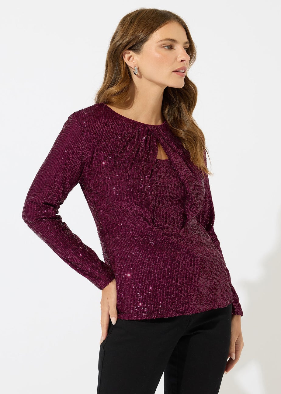 M&Co Red Sequin Twist Neck Keyhole Detail Top
