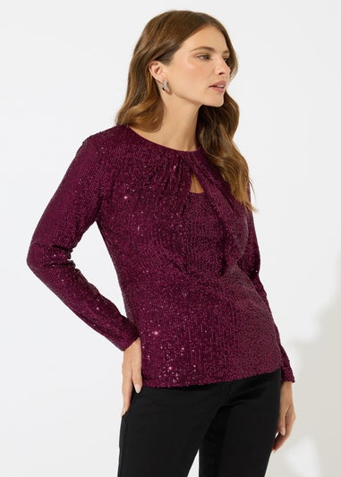 M&Co Red Sequin Twist Neck Keyhole Detail Top