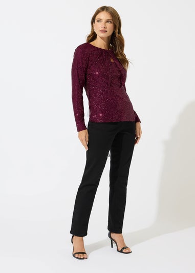 M&Co Red Sequin Twist Neck Keyhole Detail Top