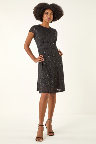 Roman Black Sequin Fluted Hem Lace Stretch Dress