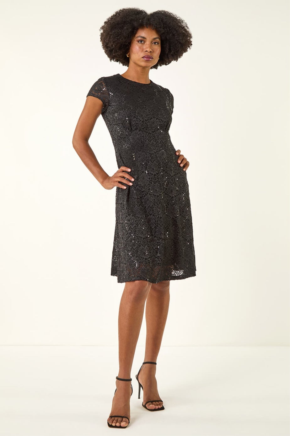 Roman Black Sequin Fluted Hem Lace Stretch Dress