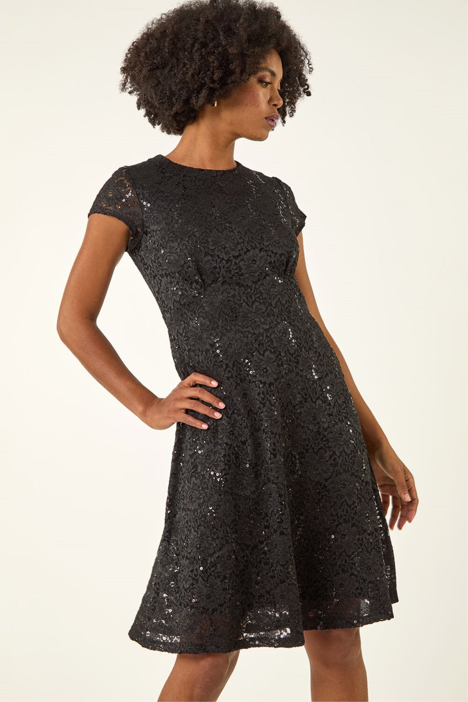 Roman Black Sequin Fluted Hem Lace Stretch Dress