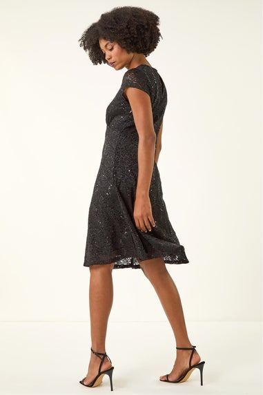 Roman Black Sequin Fluted Hem Lace Stretch Dress