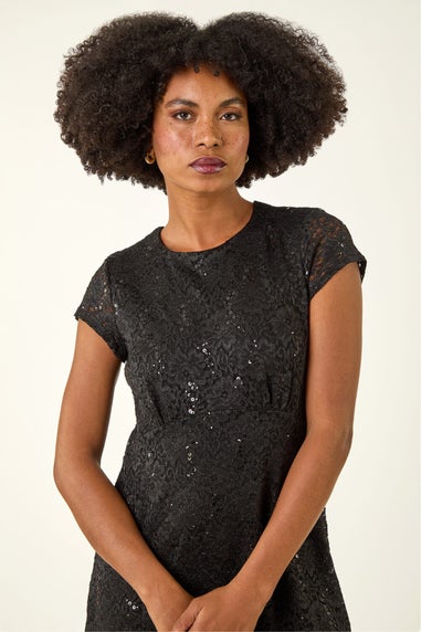 Roman Black Sequin Fluted Hem Lace Stretch Dress