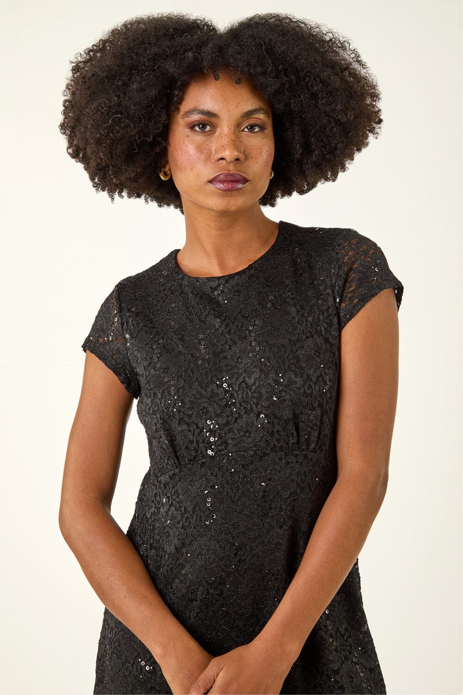 Roman Black Sequin Fluted Hem Lace Stretch Dress