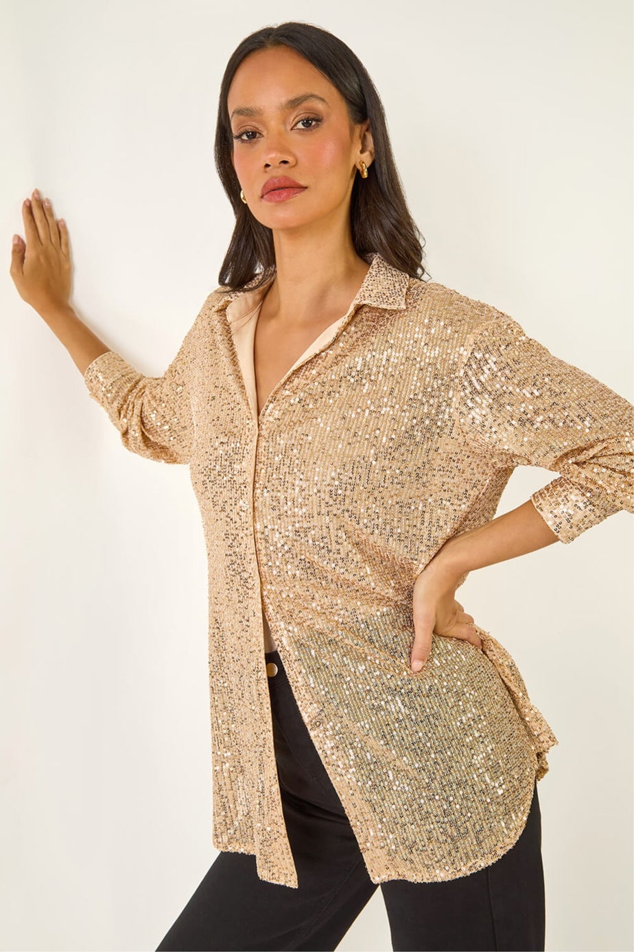Dusk Gold Sequin Button Through Blouse