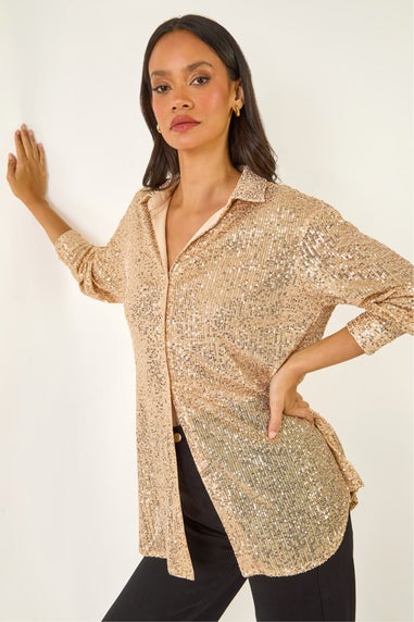Dusk Gold Sequin Button Through Blouse