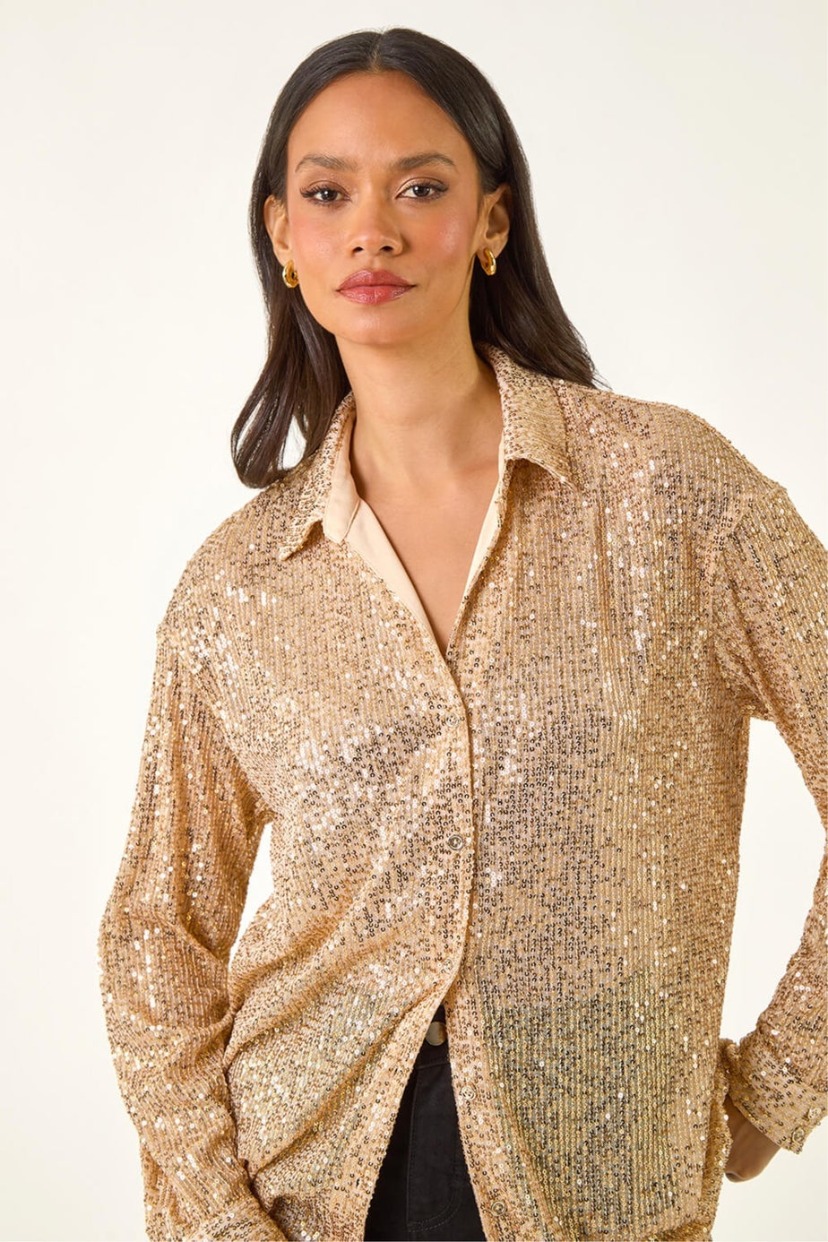 Dusk Gold Sequin Button Through Blouse