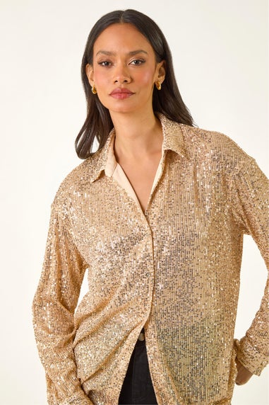 Dusk Gold Sequin Button Through Blouse