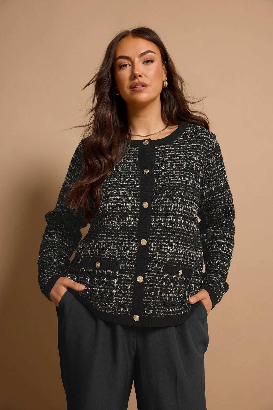 Evans Curve Black Button Detail Textured Cardigan