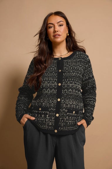 Evans Curve Black Button Detail Textured Cardigan