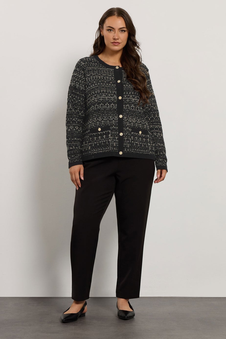 Evans Curve Black Button Detail Textured Cardigan