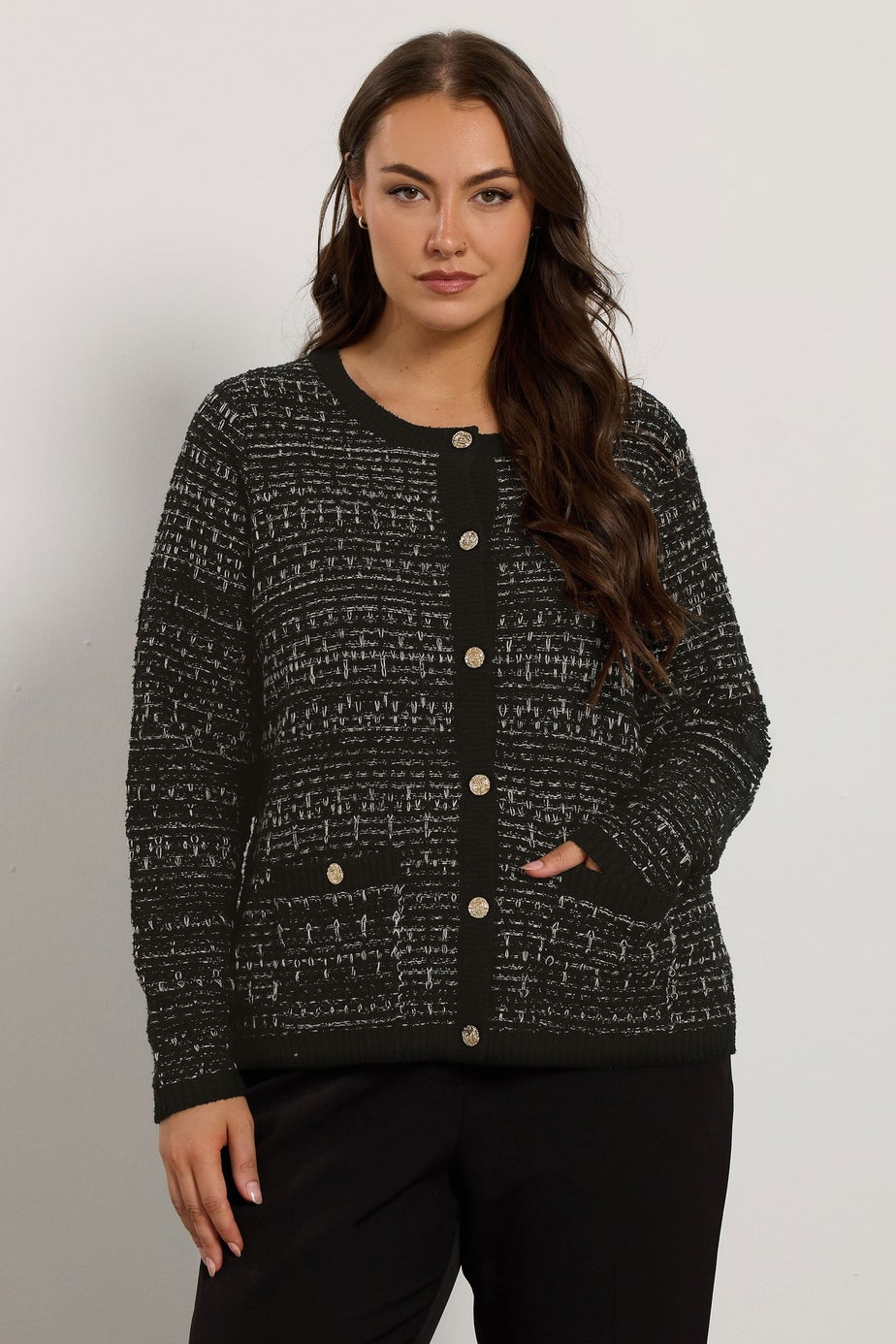 Evans Curve Black Button Detail Textured Cardigan